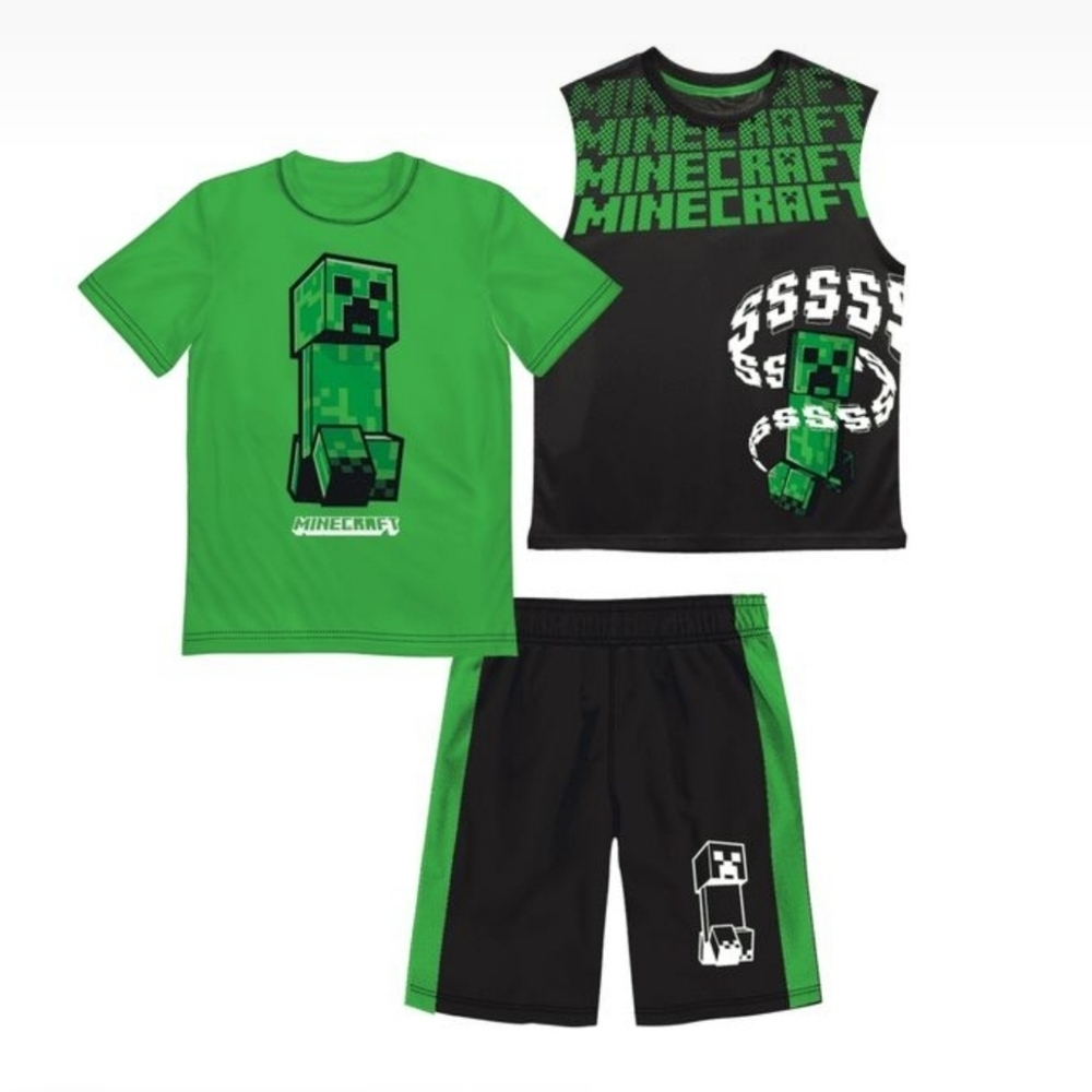 Minecraft Boys Clothes 3pc Tee, Tank, and Shorts Set, Green & Black, Size 4